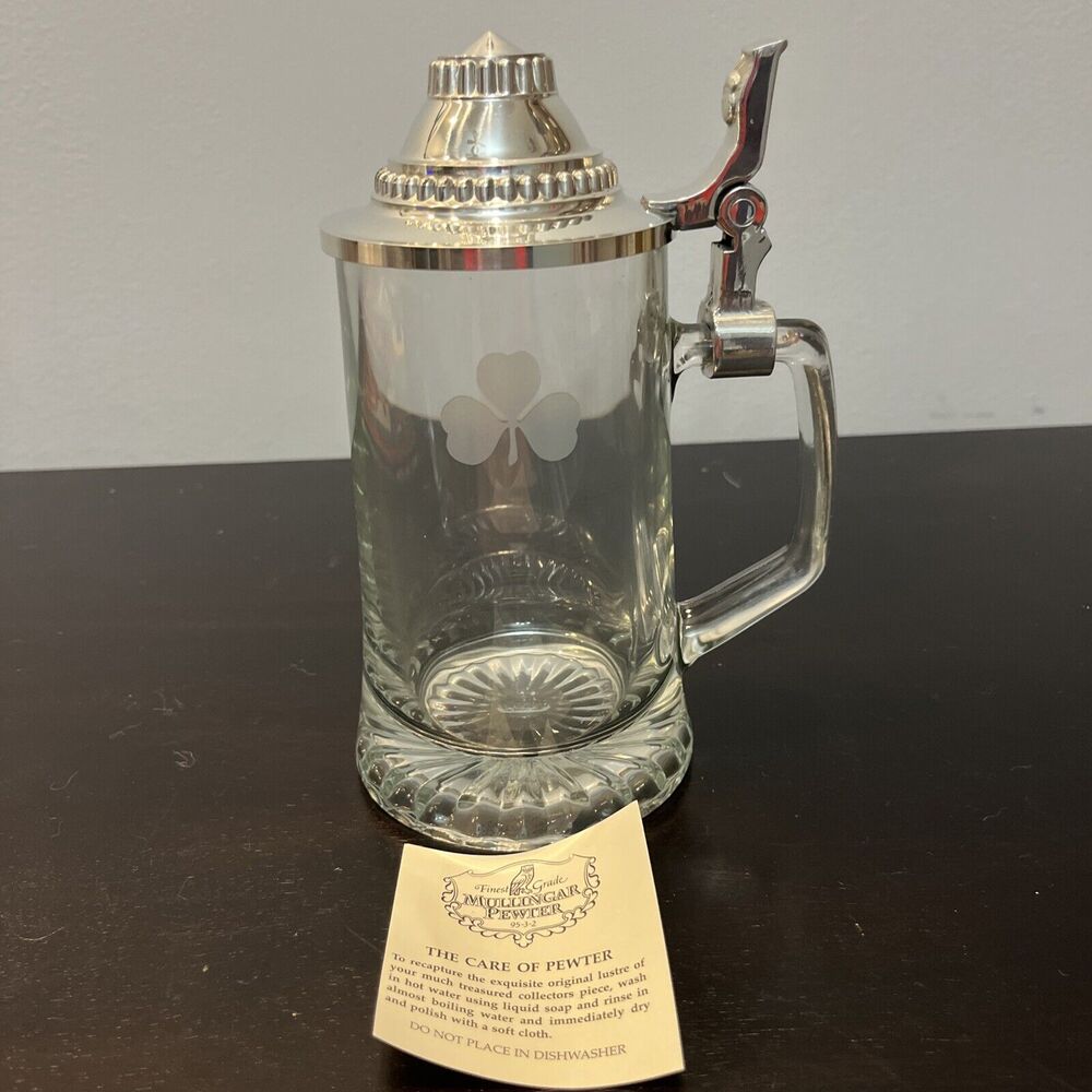 Mullingar Pewter Lidded Glass Stein Etched Shamrock NEW